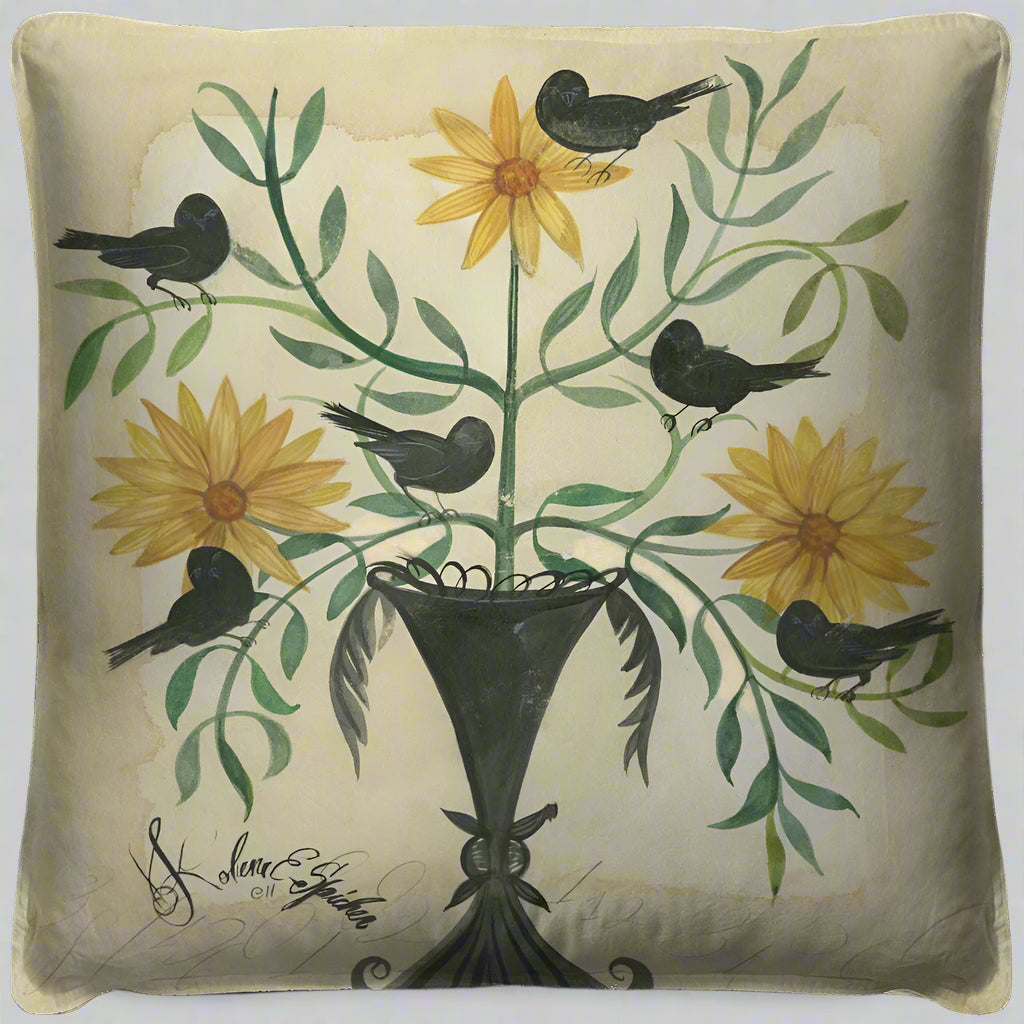 Black Birds In Yellow Flowers Throw Pillow