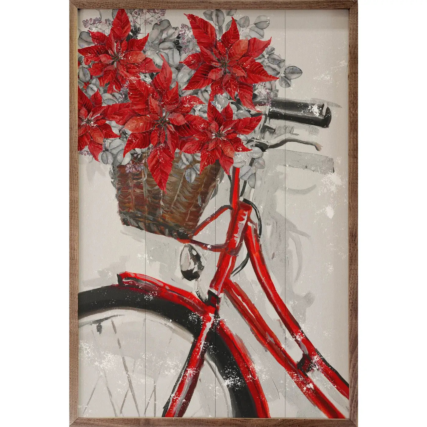 Christmas Bike With Poinsettia Wood Framed Print