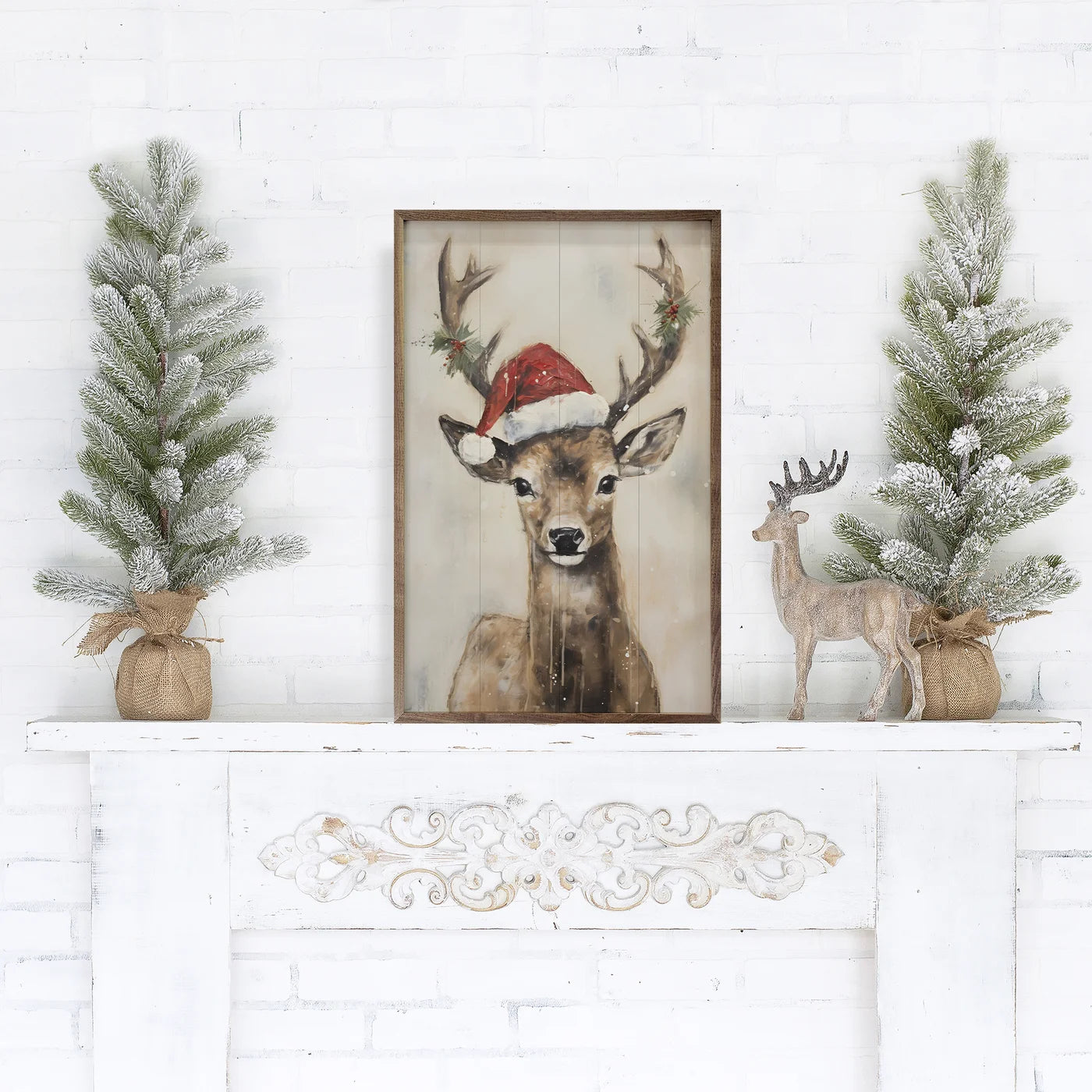 Reindeer With Santa Hat Wood Framed Print