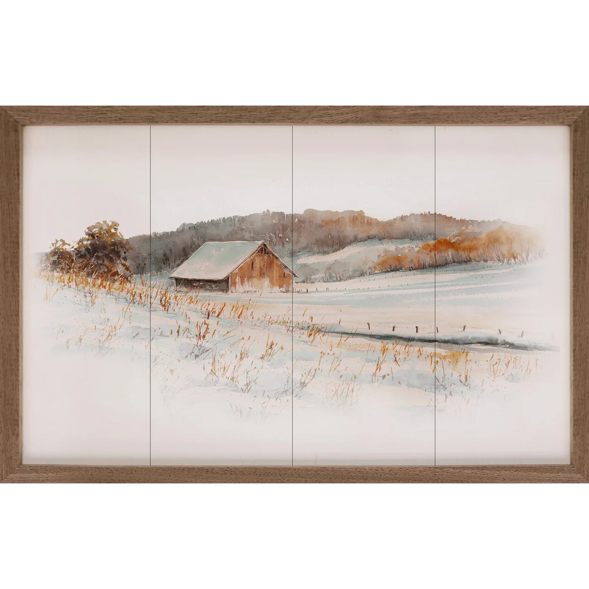 Barn In Snow Wood Framed Print