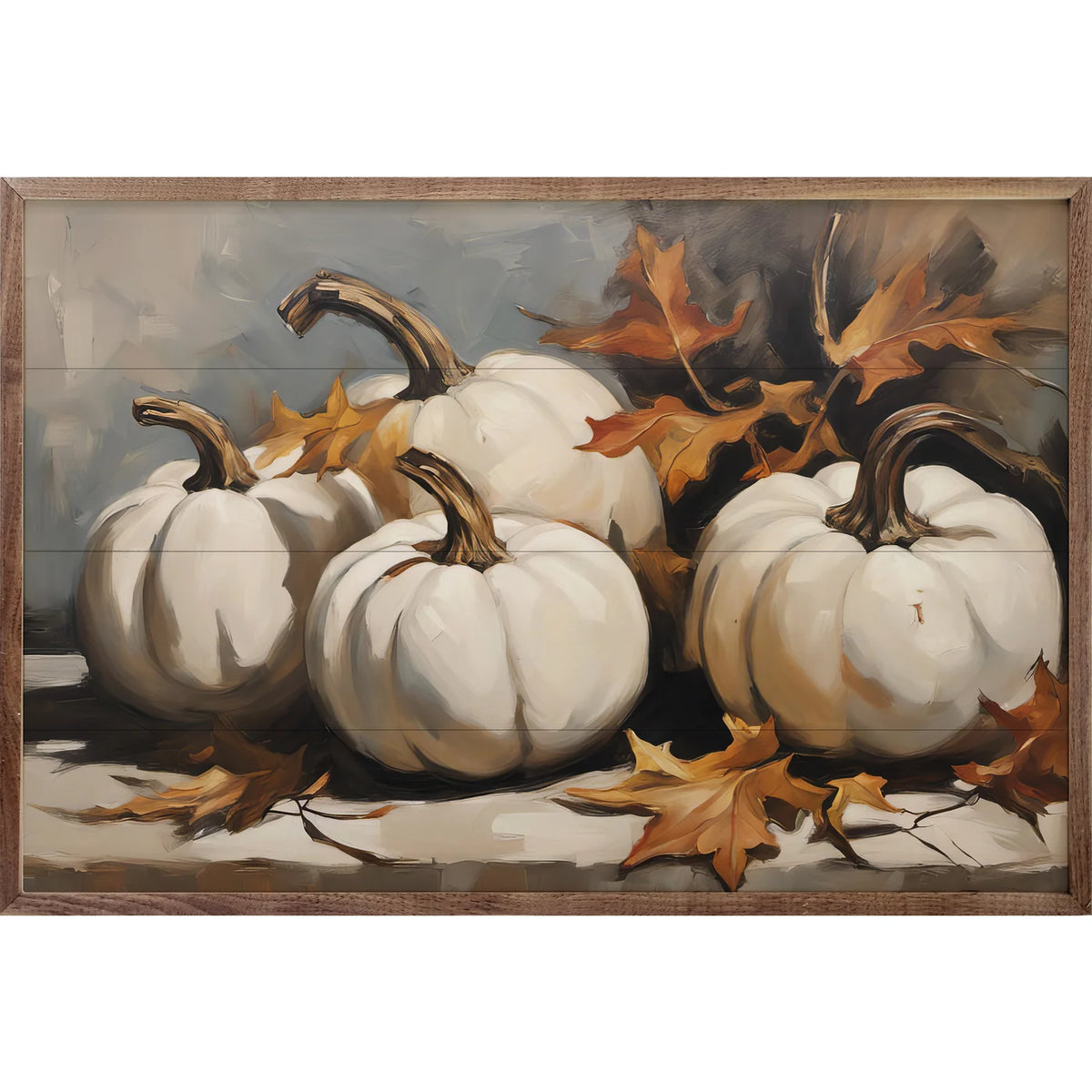 White Pumpkins With Leaves Wood Framed Print