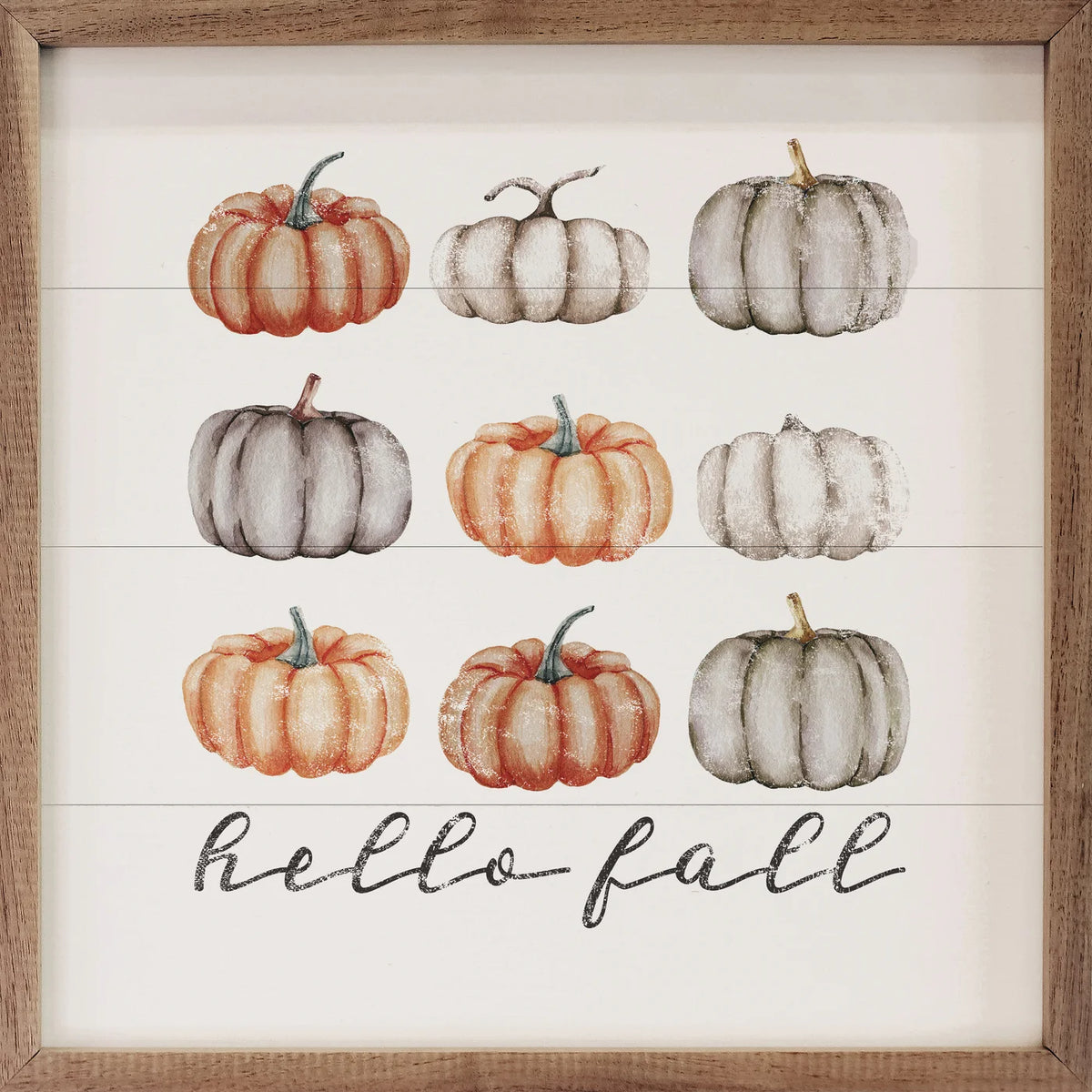 Hello Fall Orange And Gray Pumpkins Wood Framed Print