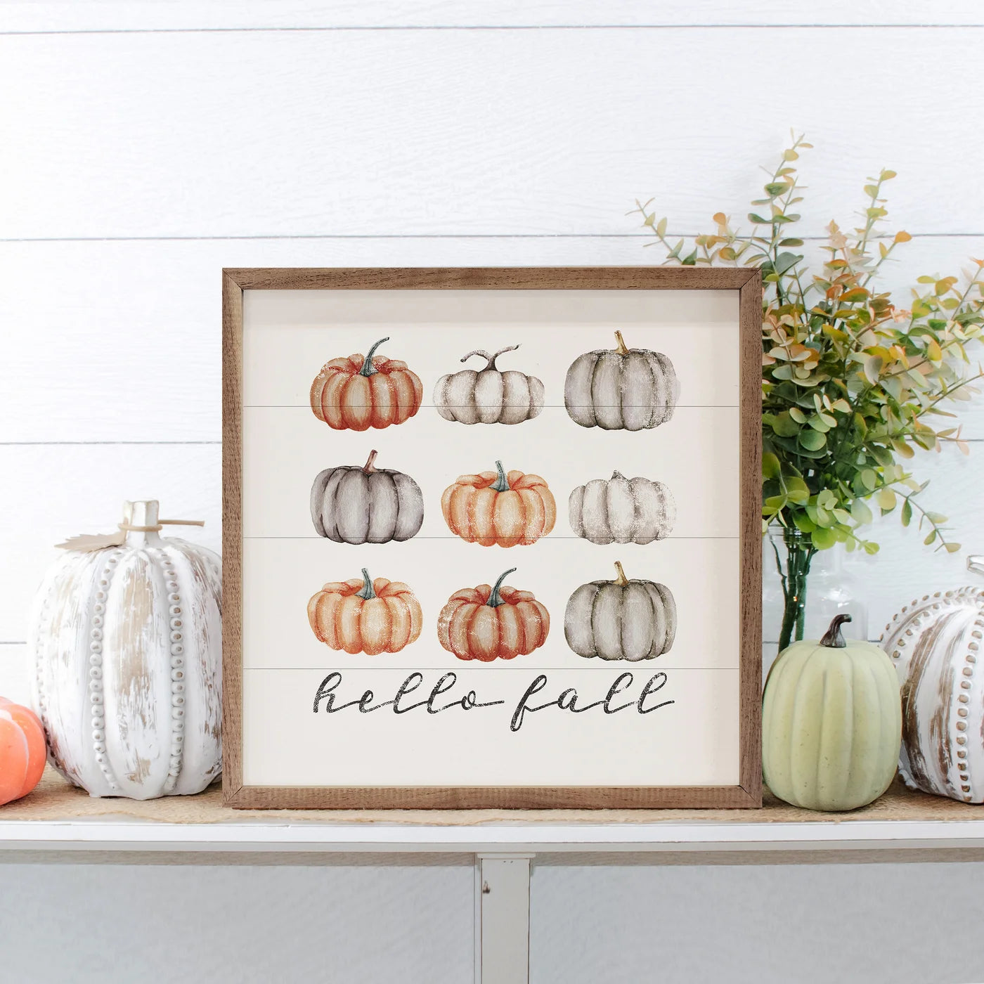 Hello Fall Orange And Gray Pumpkins Wood Framed Print