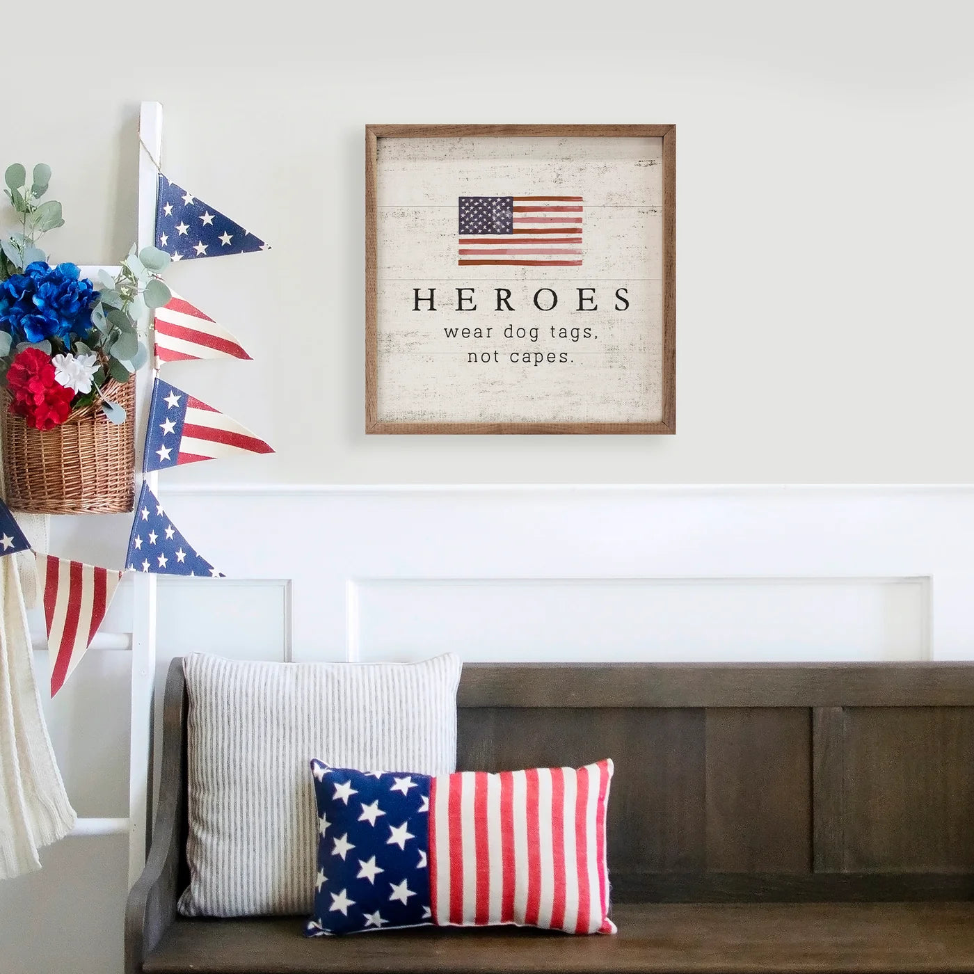 Heroes Flag Whitewash Wood Framed Print