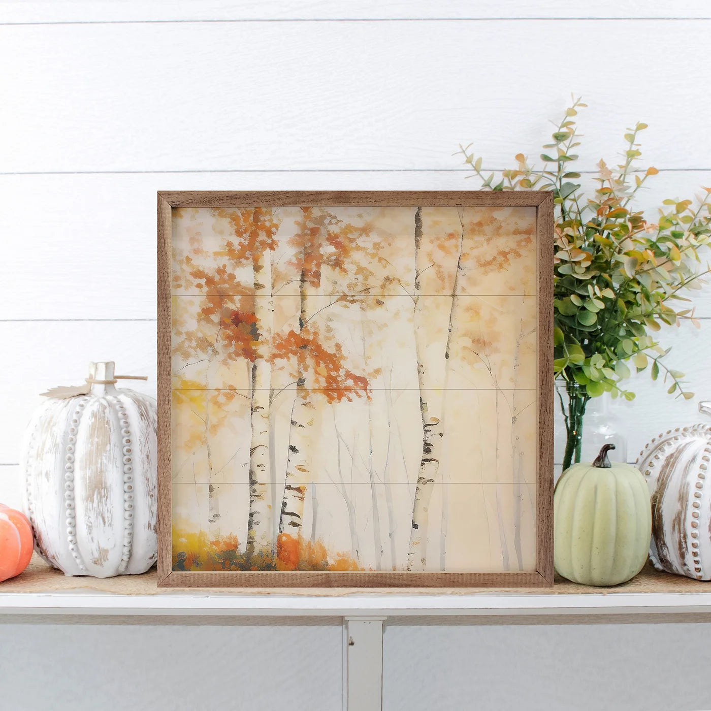 Three Fall Birch Trees In The Forest Wood Framed Print