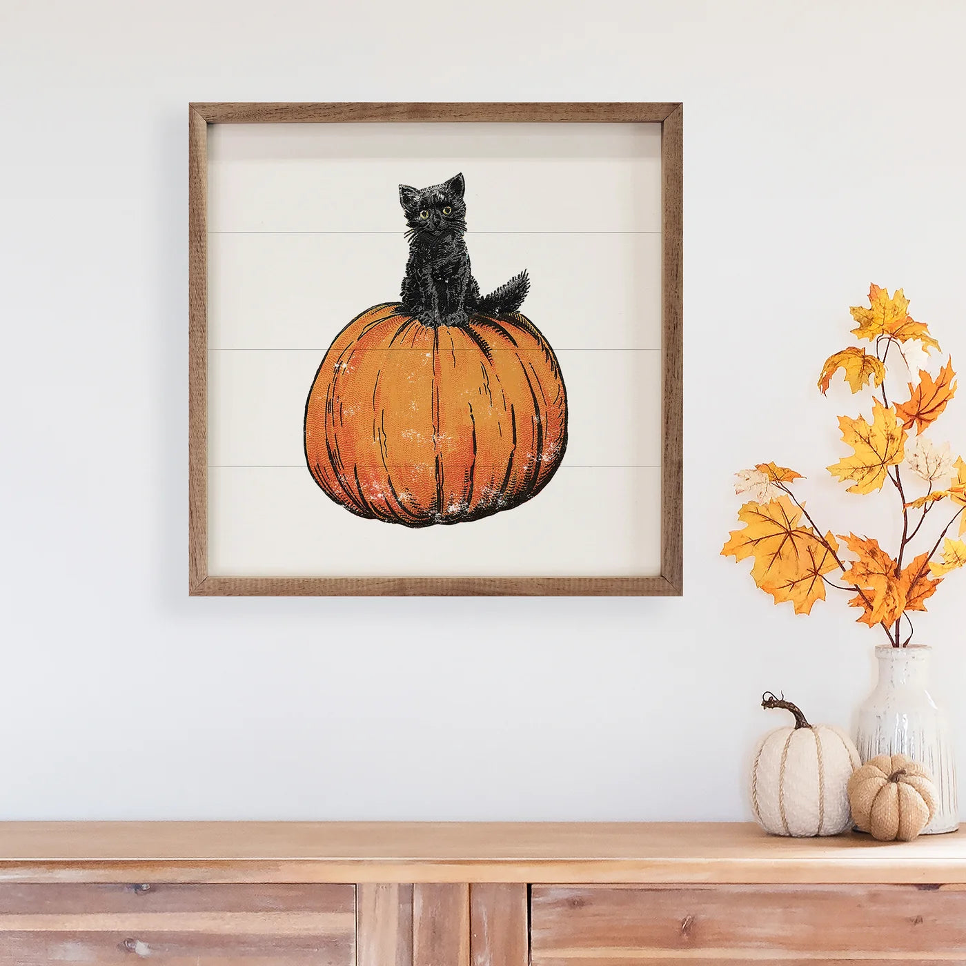 Vintage Halloween Cat On Pumpkin Wood Framed Print