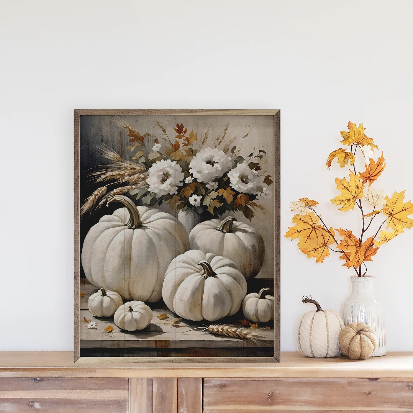 White Pumpkins On Table Wood Framed Print