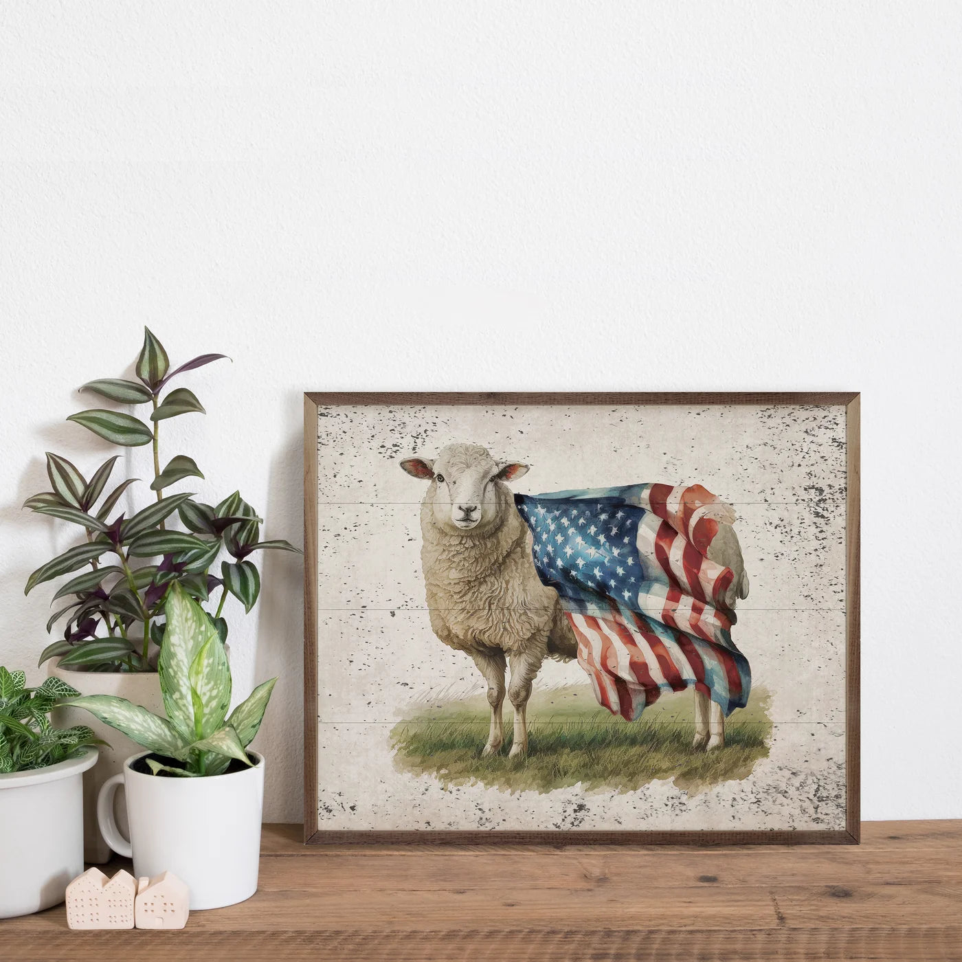 Distressed Patriotic Sheep Flag Left Wood Framed Print