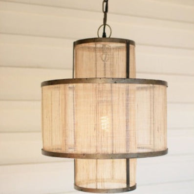 Round Double Layered Woven Fiber &amp; Metal Pendant Light