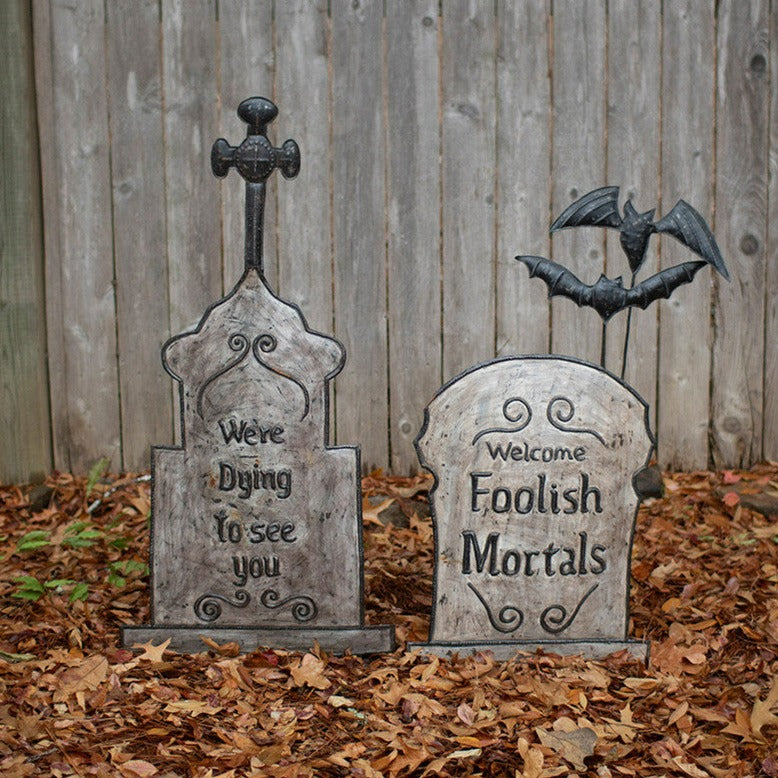 Hand Hammered Painted Metal Tombstone Yard Stake Set