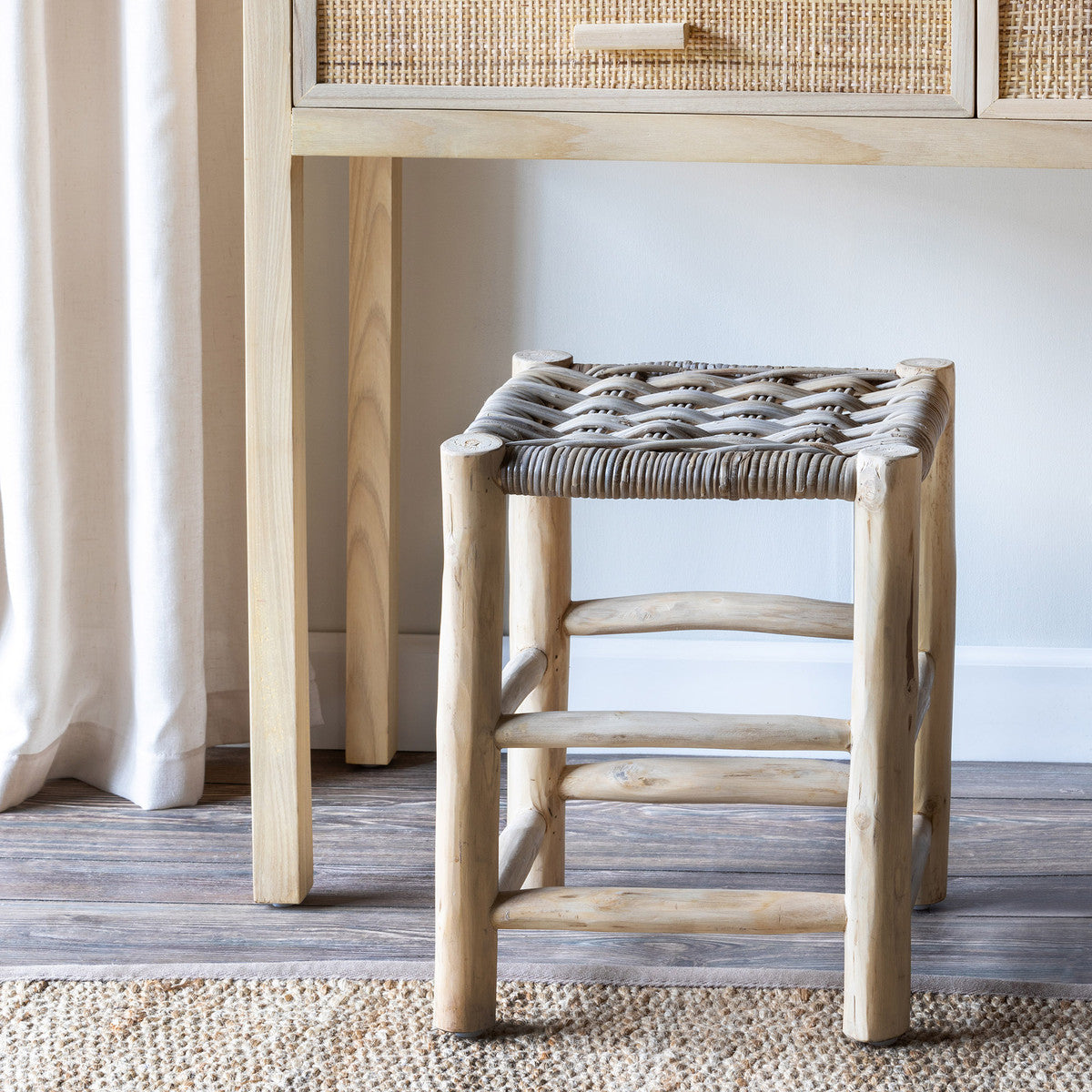 Teak and Rattan Woven Stool