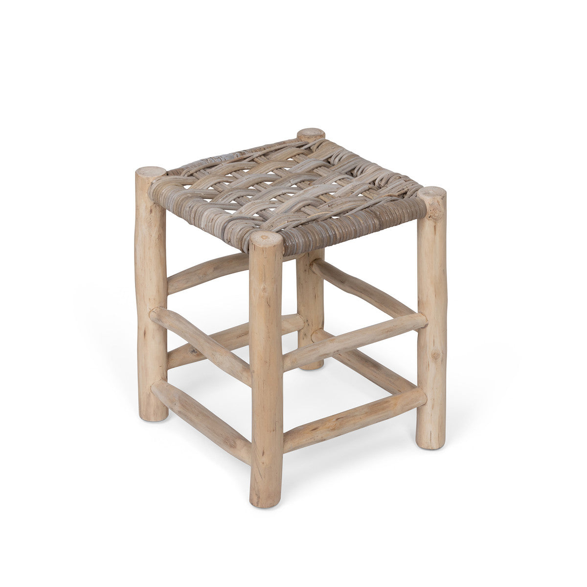 Teak and Rattan Woven Stool