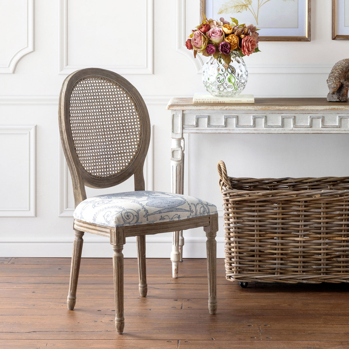 French Blue Bouquet Cane Back Dining Chair