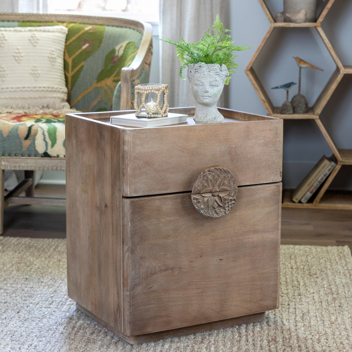 Rosette Hand Carved Wooden Side Table