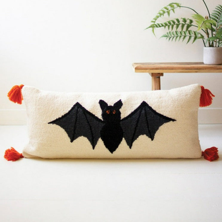 Halloween Bat Hand Hooked Pillow