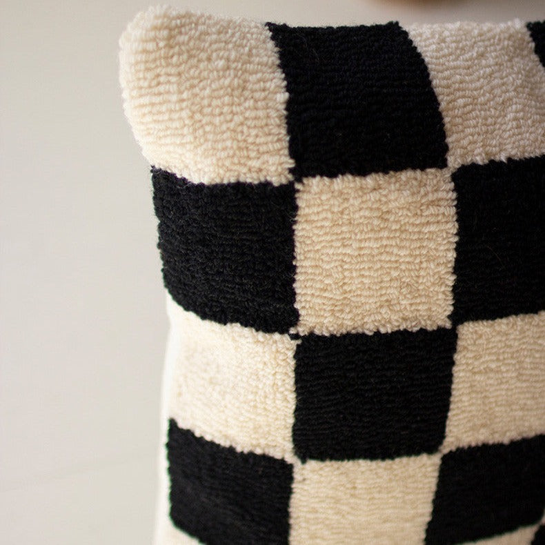 Checkered Black & White Hand Hooked Pillow