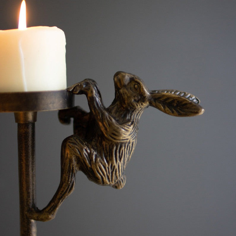 Antiqued Brass Cast Aluminum Rabbit Candle Holder Set