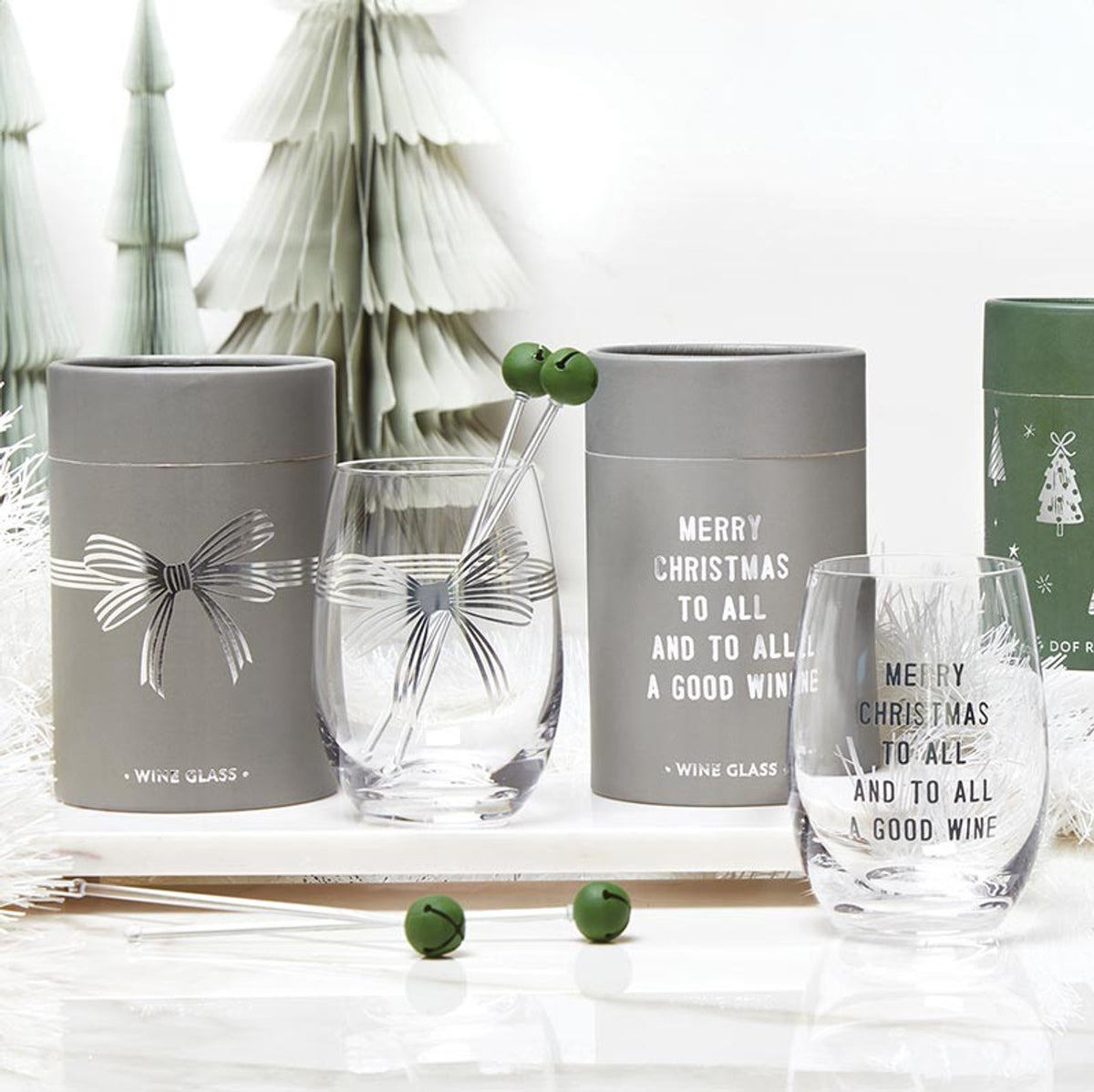 Silver Holiday Stemless Wine Glass Set