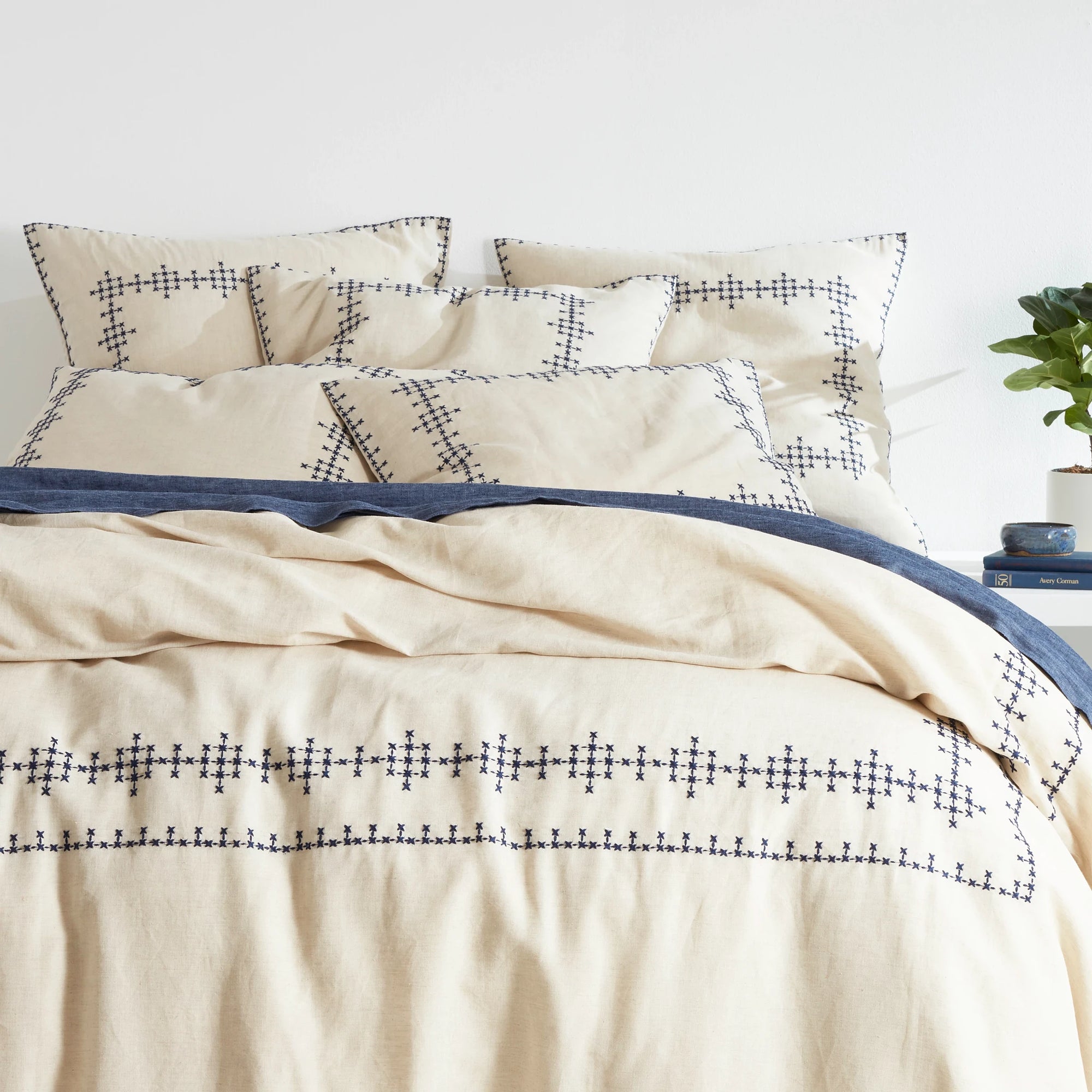 Pine Cone Hill Cross-Stitch Linen Navy Sham