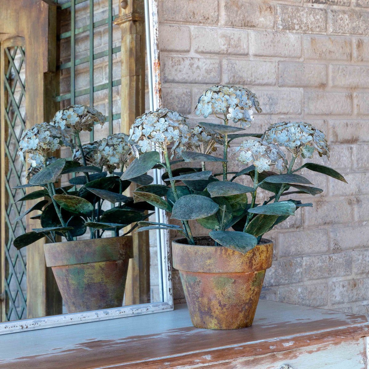 Aged Metal Potted Hydrangea - A Cottage in the City