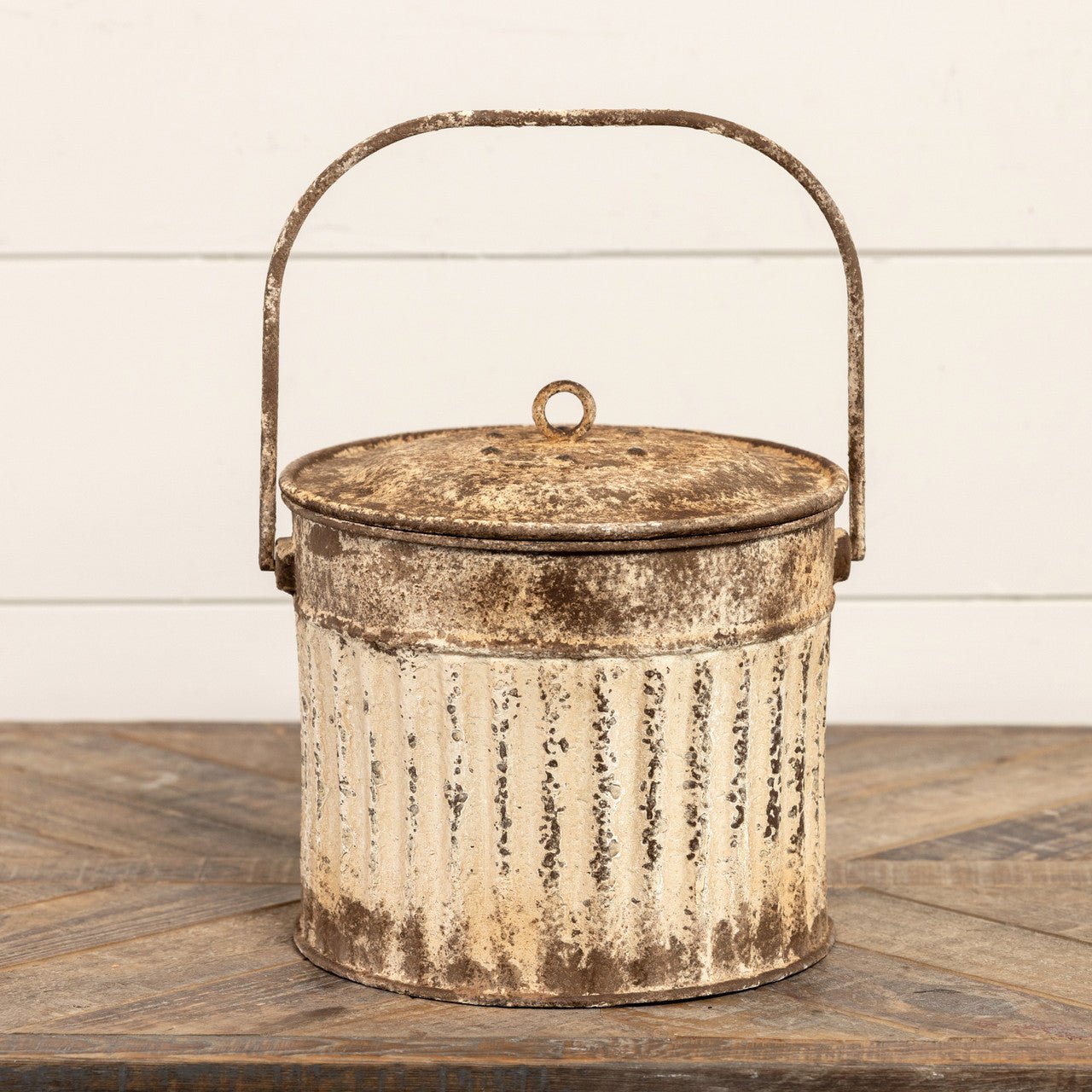 Aged White Metal Bucket With Lid - A Cottage in the City