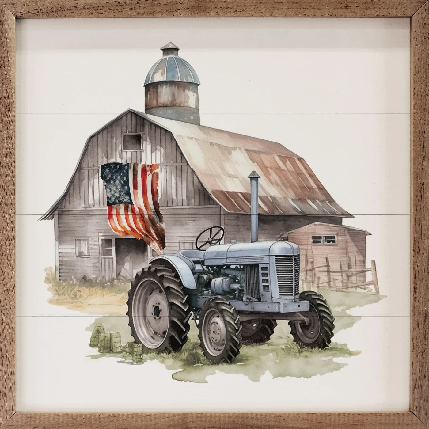 American Flag Barn Tractor Wood Framed Print - A Cottage in the City