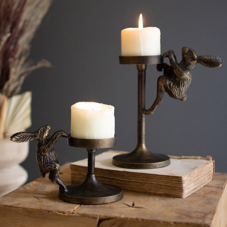 Antiqued Brass Cast Aluminum Rabbit Candle Holder Set - A Cottage in the City