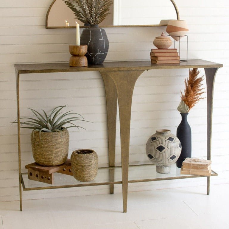 Antiqued Brass &amp; Glass Sofa Table - A Cottage in the City