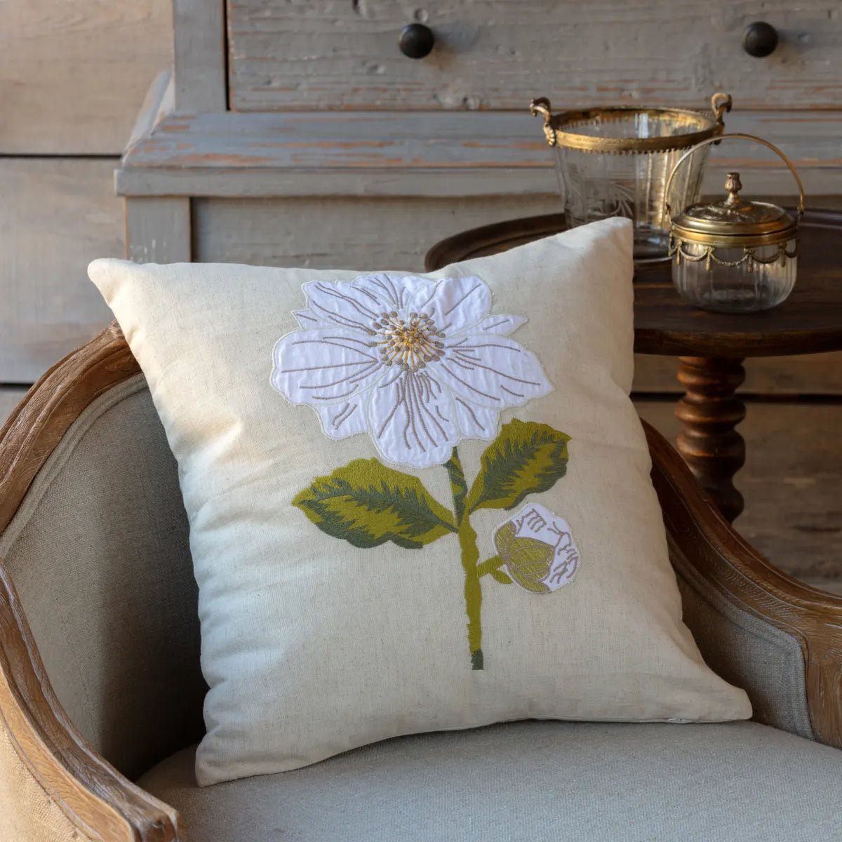 Appliqued & Embroidered Camellia pillow - A Cottage in the City