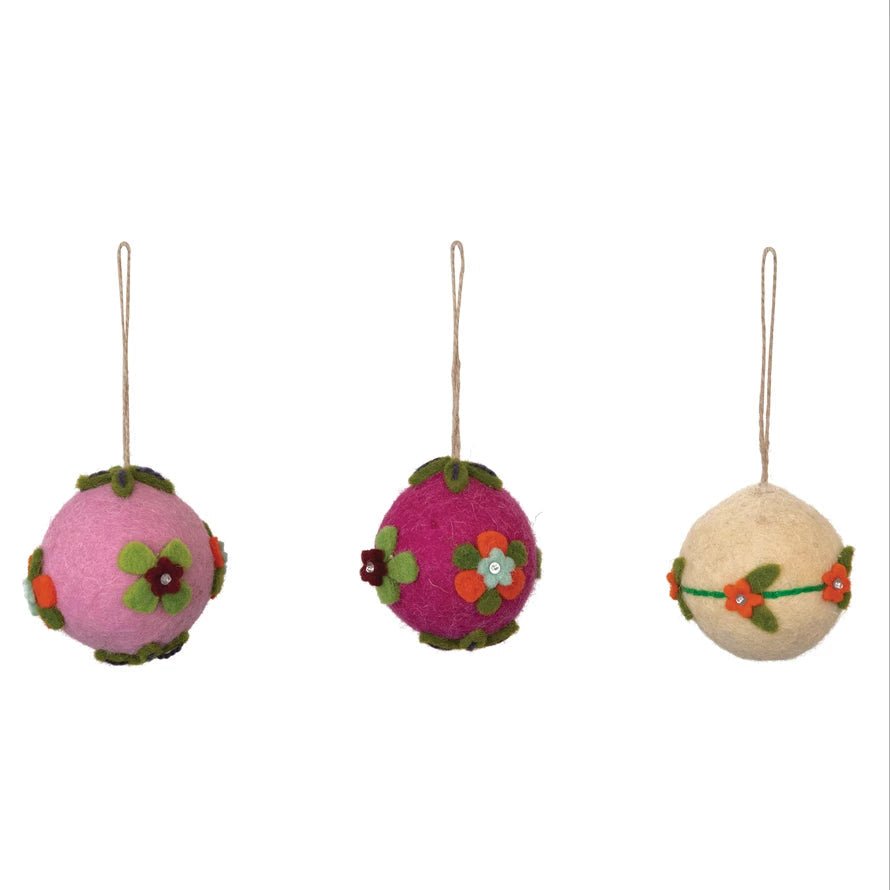 Appliqued Floral Wool Felt Ball Ornament - A Cottage in the City