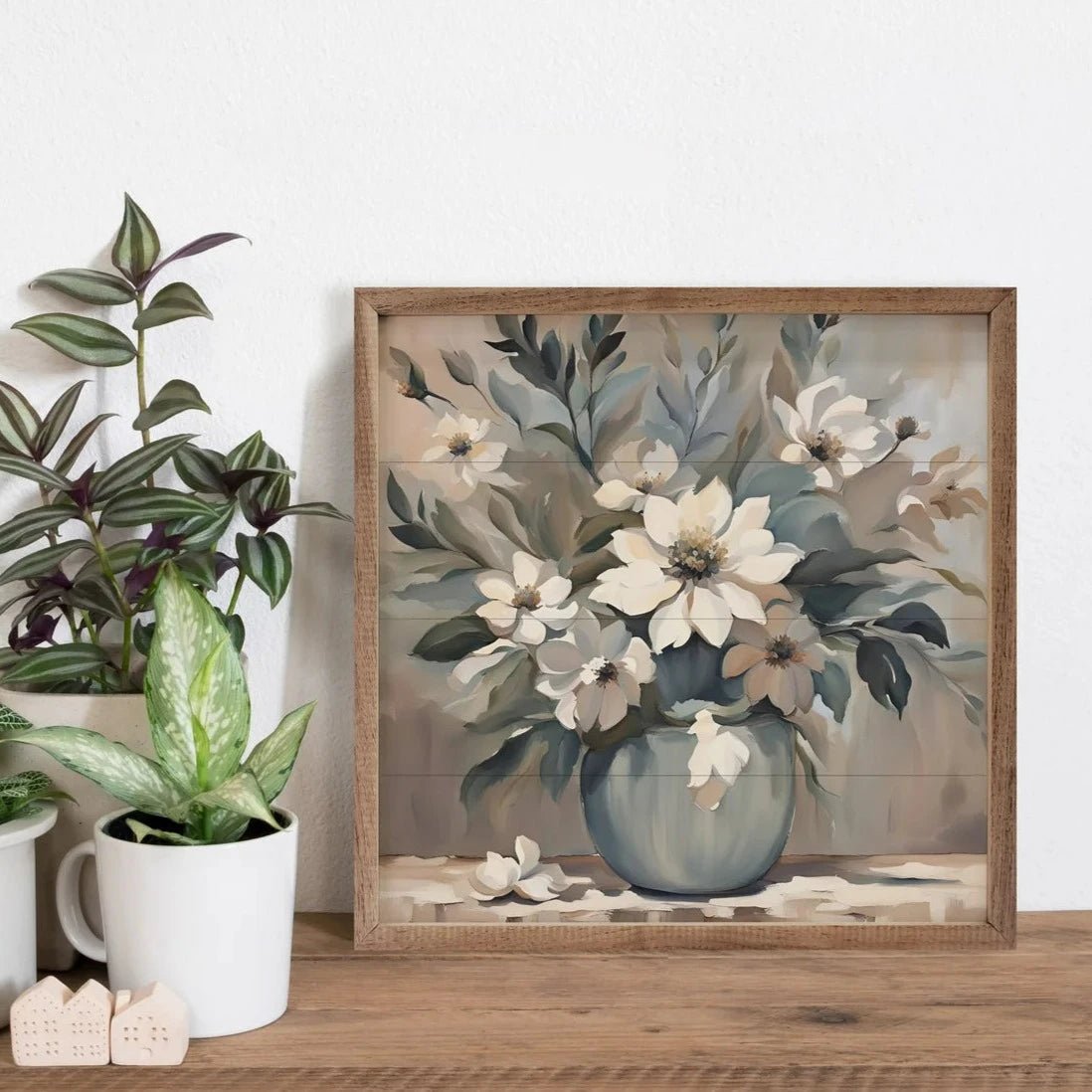 Blue And Tan Florals In Vase Wood Framed Print - A Cottage in the City