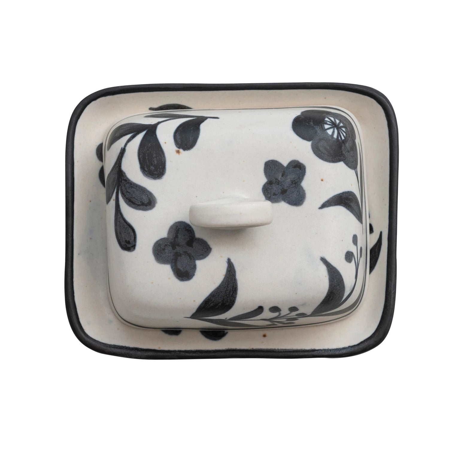 Hand Painted Black Floral Butter Dish