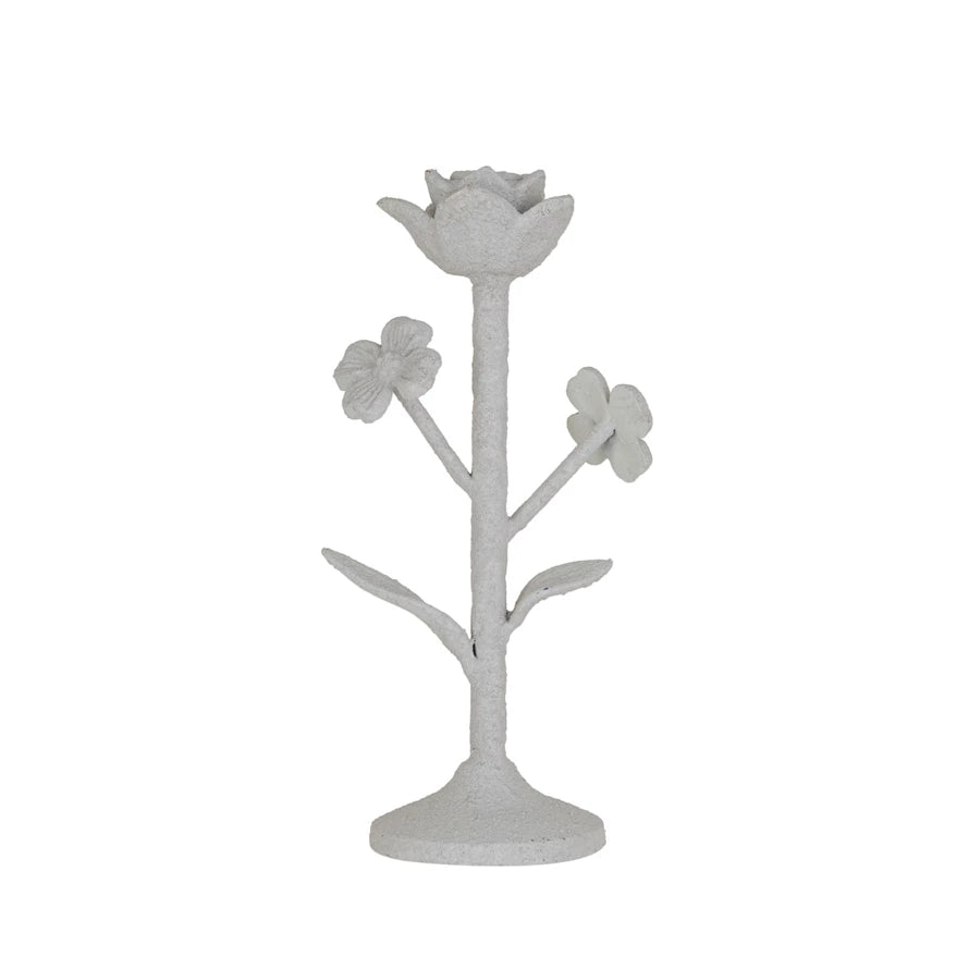 Textured White Cast Iron Flower Taper Holder