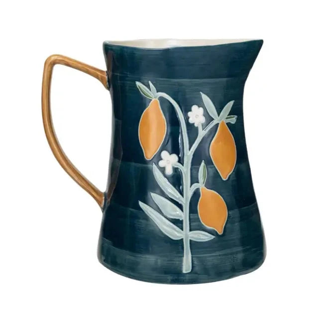 Stoneware Pitcher With Flowers &amp; Lemons