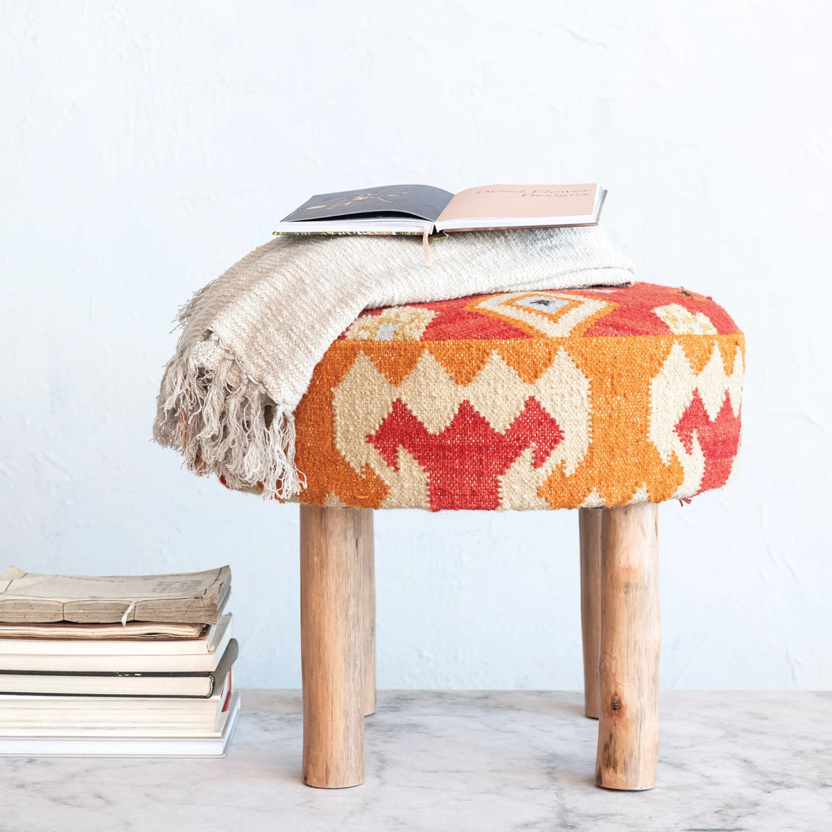 Cotton &amp; Wool Kilim Upholstered Stool