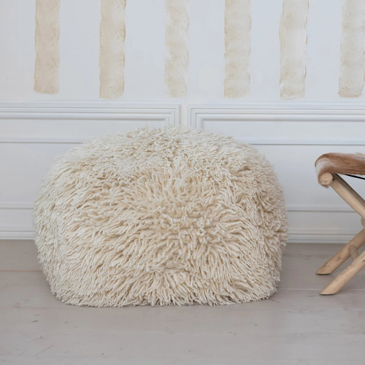 Woven New Zealand Wool Shag &amp; Cotton Cream Pouf