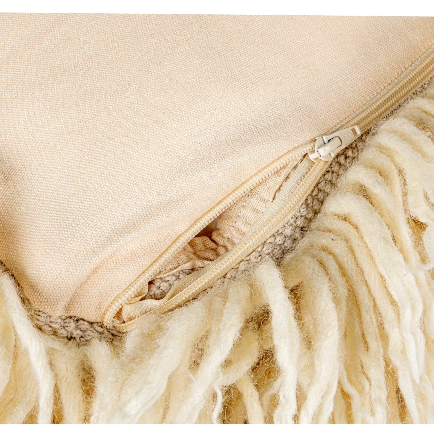 Woven New Zealand Wool Shag & Cotton Cream Pouf