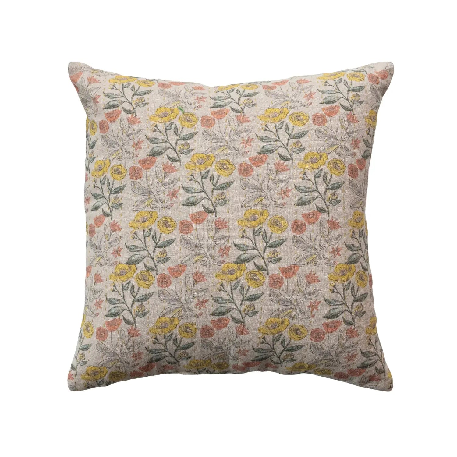 Cotton Chambray Floral Pillow With Kantha Stitch