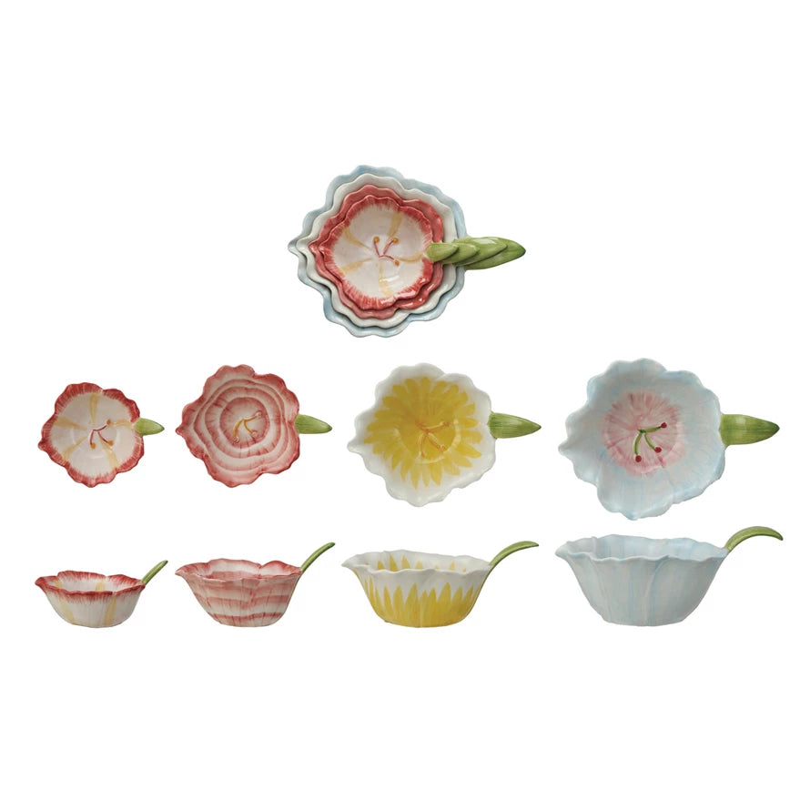 Hand Painted Stoneware Flower Shaped Prep Bowl Set