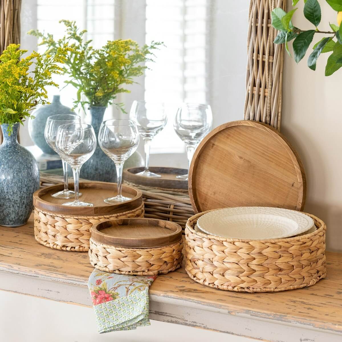 Woven Water Hyacinth Round Storage Basket Set