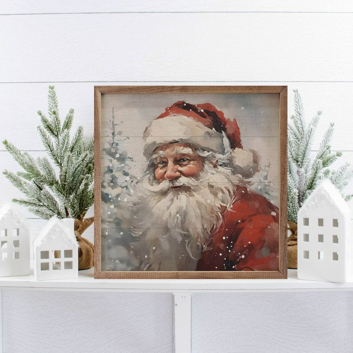 Snowy Santa Portrait Wood Framed Print