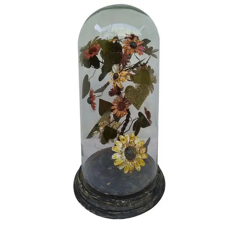 French Wire Flowers Under Glass Dome