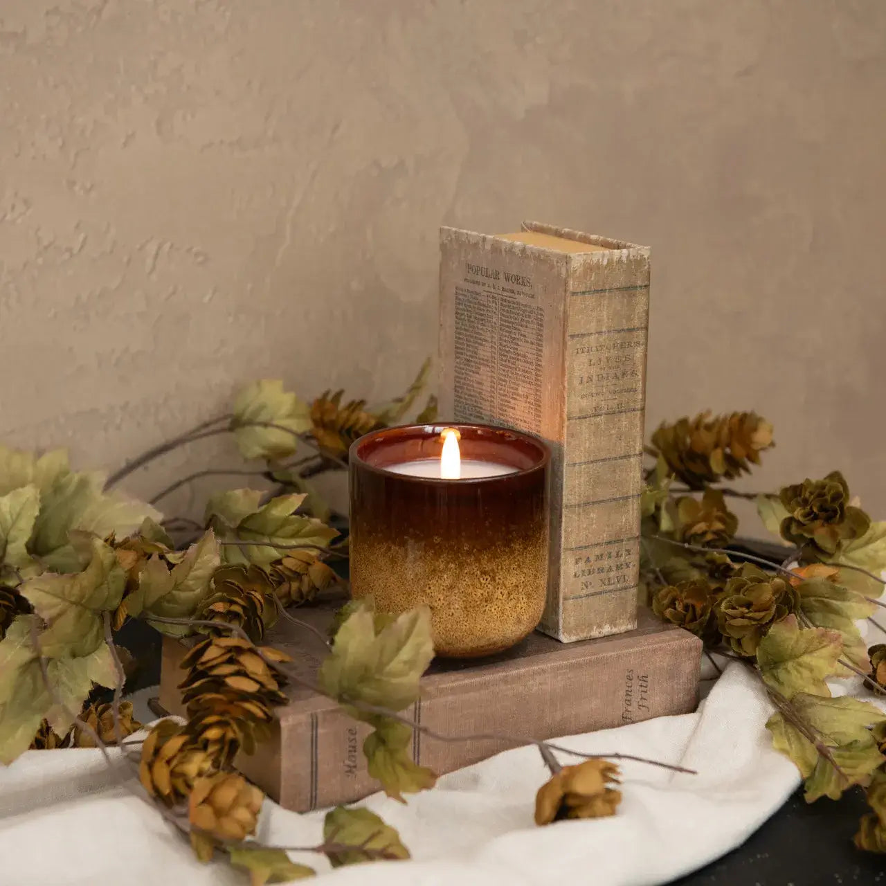 Glass 3D Flame Brown & Tan Ceramic Candle