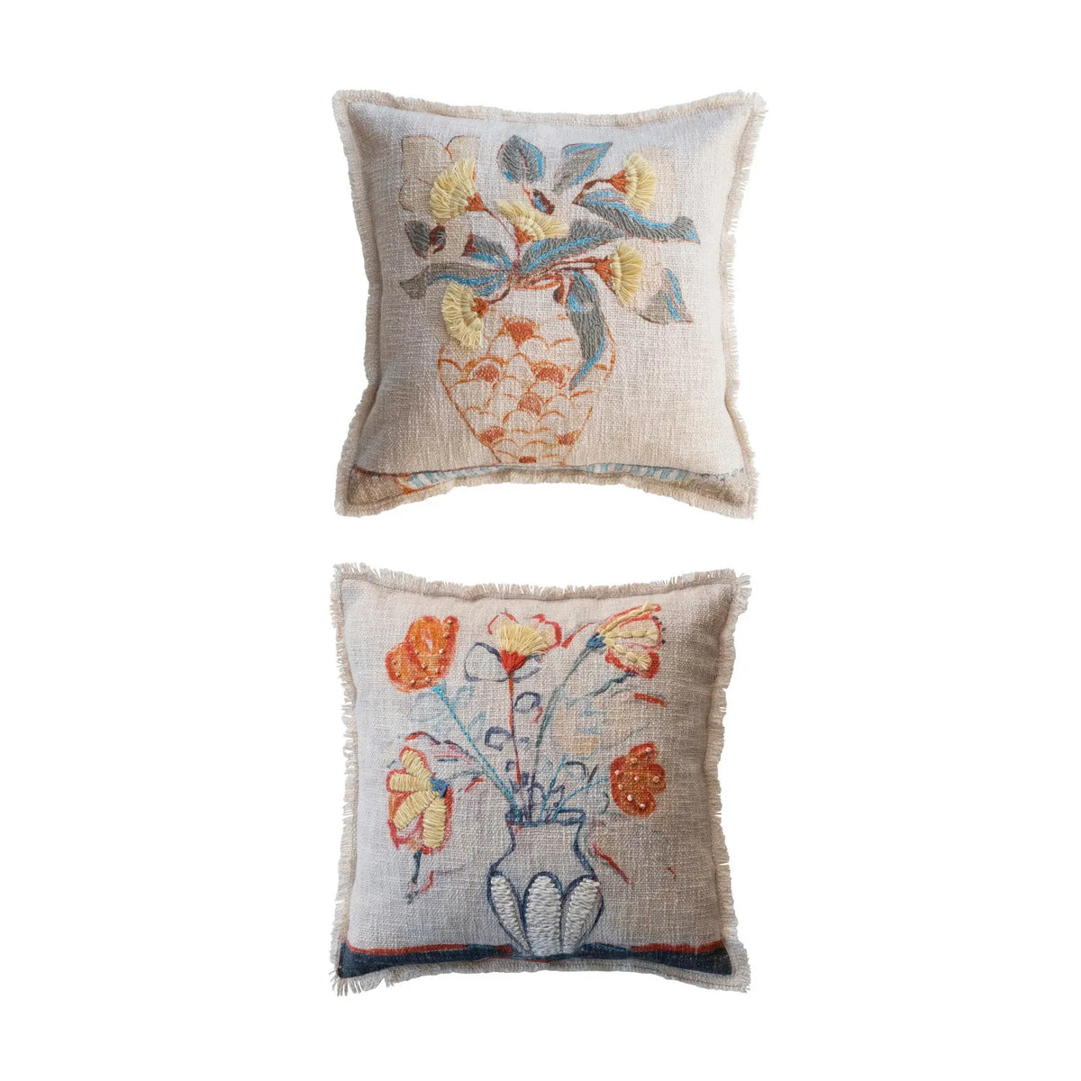 Floral Embroidered Cotton Slub Pillow