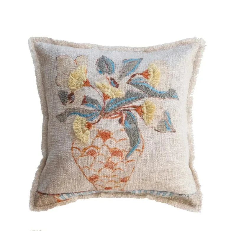 Floral Embroidered Cotton Slub Pillow