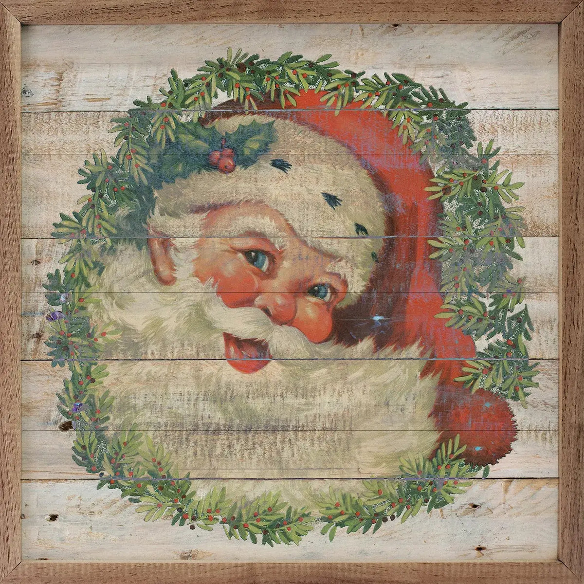 Vintage Santa Wreath Wood Framed Print