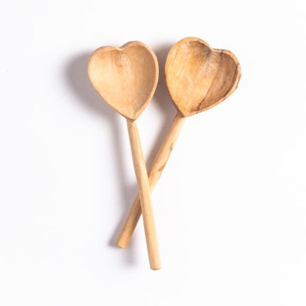 Olive Wood Heart Teaspoon Pair