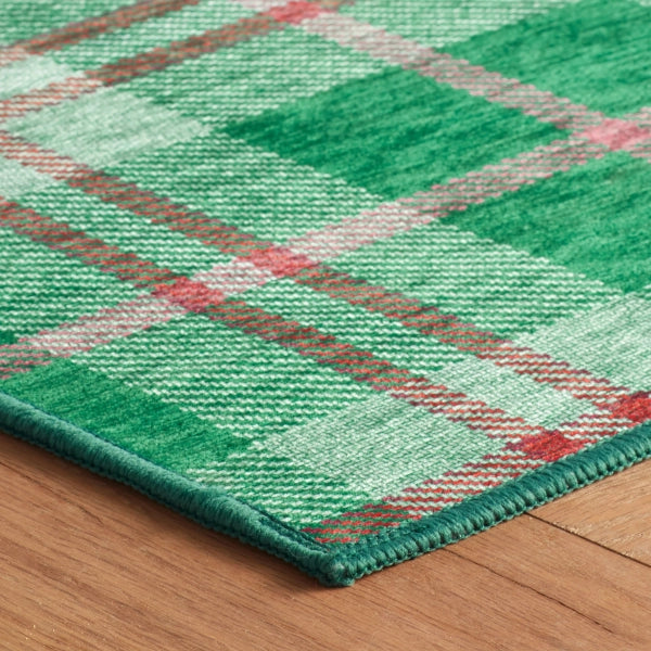 Jolly Plaid Green Machine Washable Rug