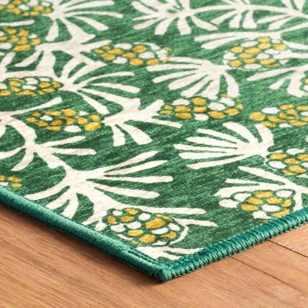 Winter Pinecones Green Machine Washable Rug