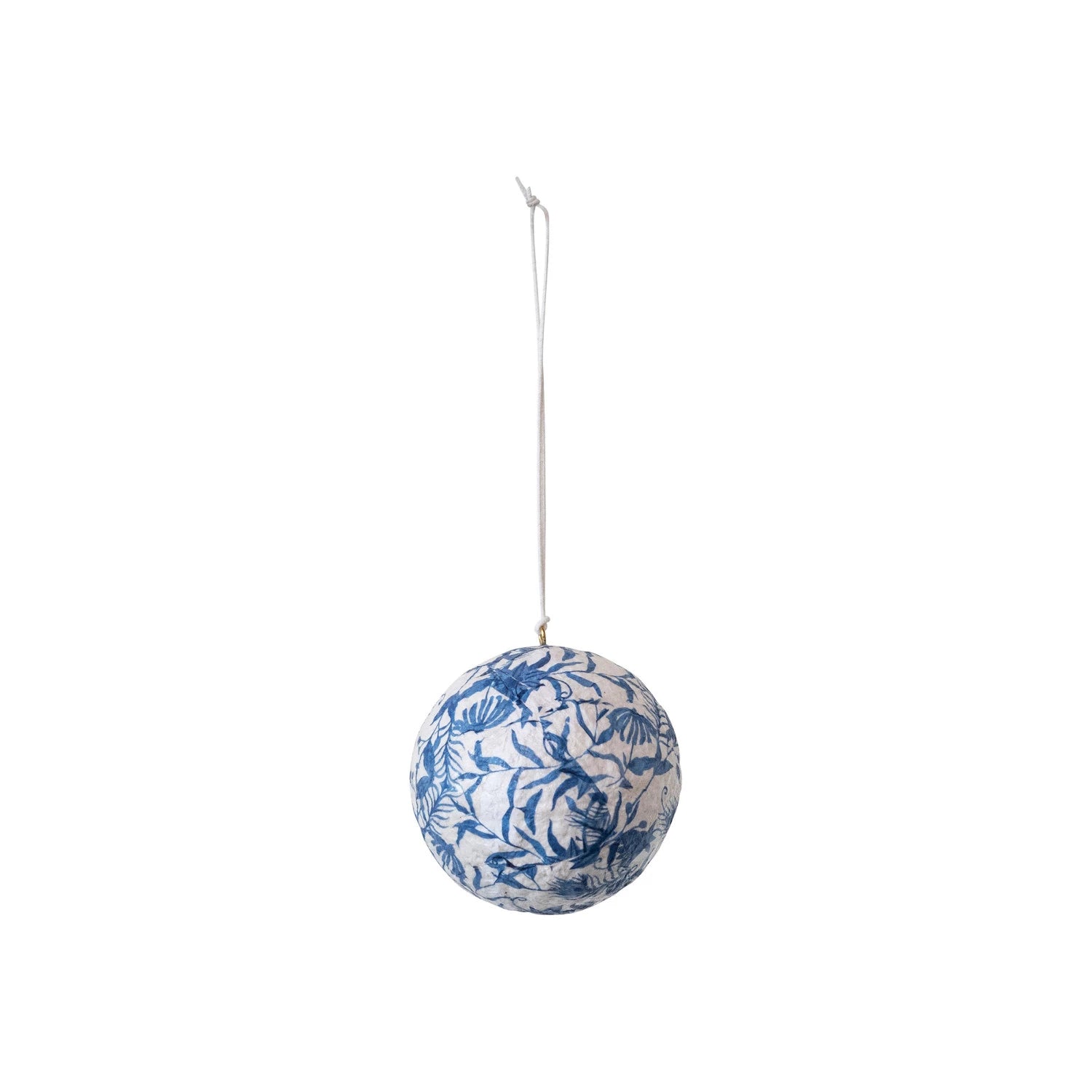 Recycled Blue Floral Paper Mache Ball Ornament